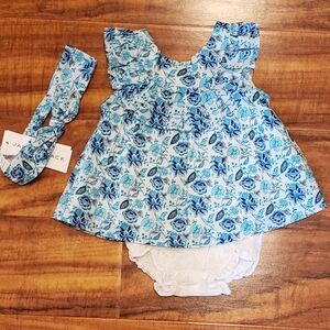 Janie and Jack NWT 3-6 months girls blue floral two-piece set and headband